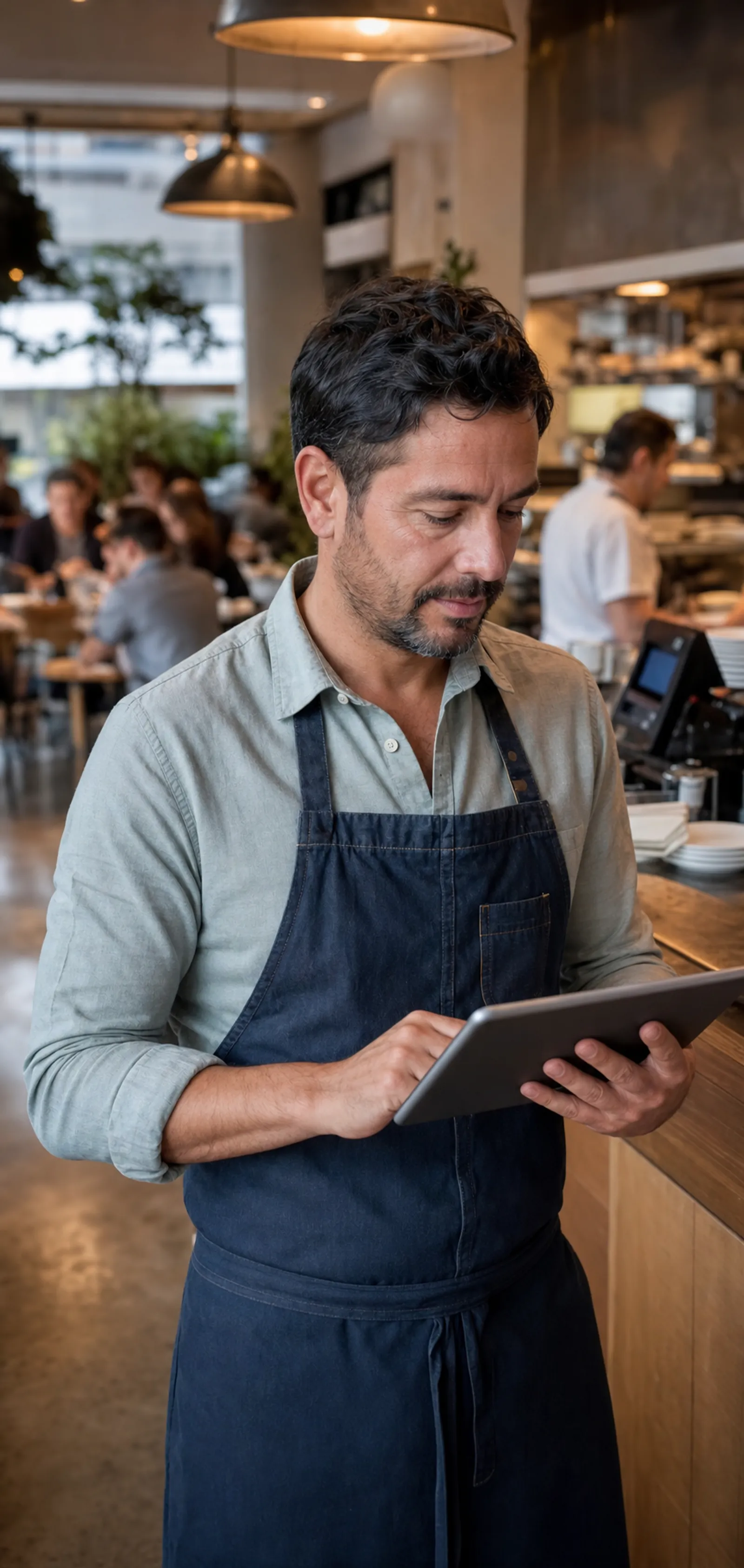 Restaurant operator reviewing service performance